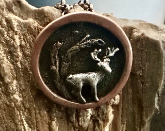 Handmade deer in woods tri metal necklace