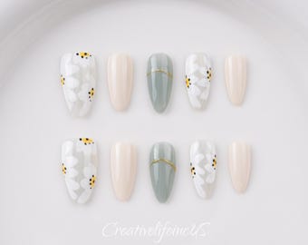 Soft White Daisy Press On Nails - Almond: Sage Green & Beige, Minimal Floral Nails