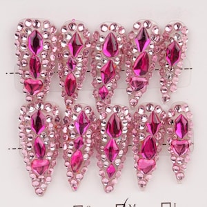 Handmade Fully-rhinestoned Stick-on Pink Long Stiletto Press On Nails, Reusable Luxury Nails, Premium Handmade Nails, Fake Diamond Nails