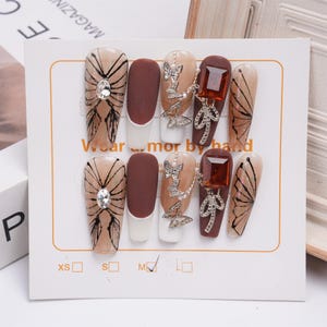 Butterfly Rhinestones Extra Long Coffin Press On Nails, Reusable White Brown French Nails, Premium Handmade 3D Silver Butterfly Matte Nails