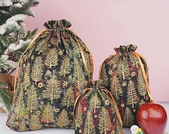 S/M/L Handmade Golden Tree Gift Bags, Bronzing Black Gift Bag, Premium Quality Drawstring Storage Bag, Xmas Decor,Back to School