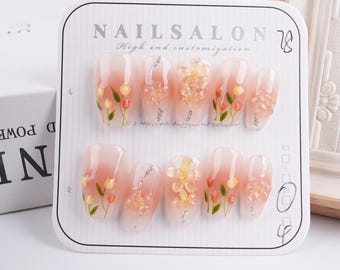 Cute Tulip Ombre Press On Nails, Jelly Pink Short Coffin Reusable Nails, Premium Handmade Nails, Yellow Flower Nails, Autumn/Party Gift