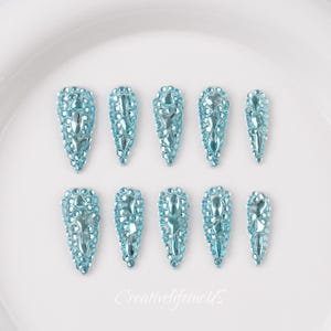 Sparkling Teal Rhinestone Nails - Long Stiletto: Full Covered, Luxury Nails