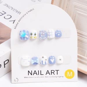 Blue Cartoon Press On Nails for Kids, Candy Flower Bear Bow Cat Heart Reusable Nails, Premium Handmade Nails, Fake Faux Nails, Birthday Gift