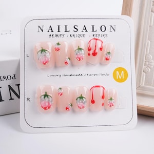 Cute Pink Strawberry Press On Nails, Jelly Ultra Short Coffin Reusable Nails, Premium Handmade Nails, Strawberry Nails, Summer/Party Nails