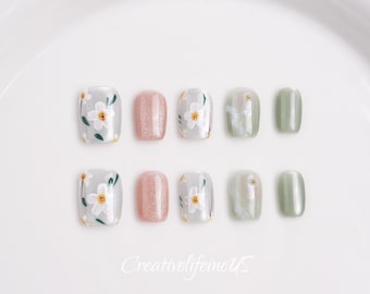 Pink Green Flower Press-on Nails - Short Square: Hand Painted White Flowers, Glitter Cat's Eye Nails