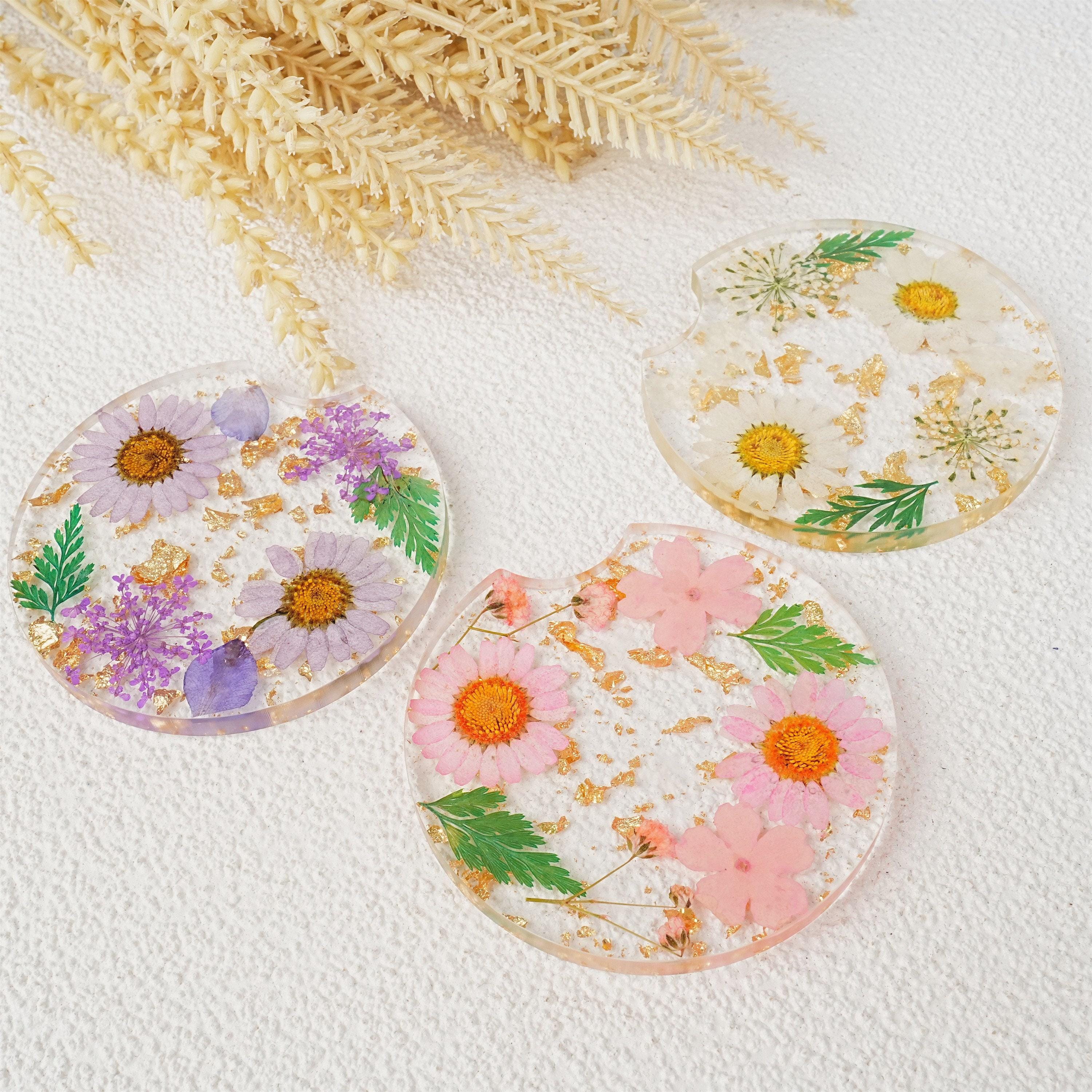 NEW! Real Flowers Resin Car Coasters, Round Shaped Cup Holder, Red/Blue Floral Coaster, Resin Pad, Car Coasters, Summer/Birthday Gift