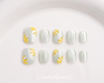 Green Cat Eye Floral Press-on Nails - Short Square Round, Hand-painted Yellow Flowers