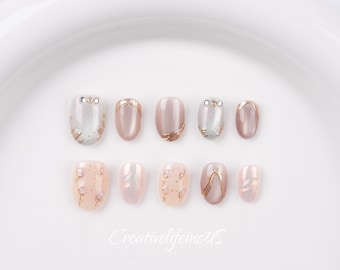 Pink Flower Cat Eye Nails - Short Round: Gold Chrome French Tip, Rhinestone Accents, Wedding Nails