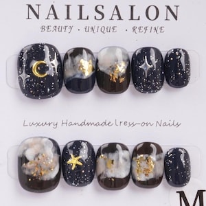 Stars Moon Marble Style Nails-Short Square Round, Black Ombre Design, Golden Foil Glitter