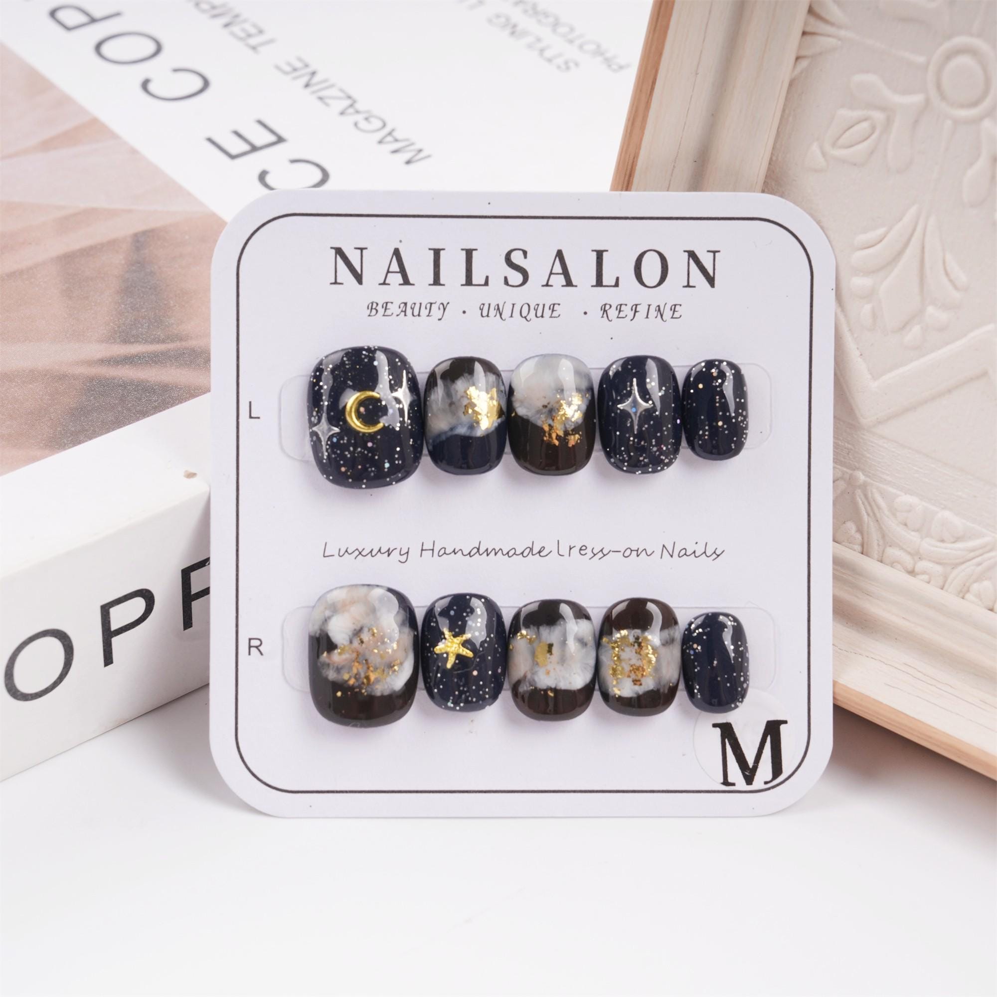 Handmade Stars Moon Marble Style Short Square Round Press-on Nails, Reusable Black Ombre Nails, Premium Handmade Nails, Black Nails