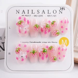 Cute 3D Pink Strawberry Press On Nails, Jelly Short Coffin Reusable Nails, Premium Handmade Nails, Strawberry Floral Nails, Summer/Party