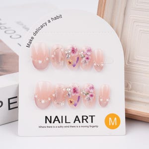 Hand-painted Floral Rhinestone Short Oval Press On Nails, Autumn Reusable French Nails, Premium Nails, Fake Faux Nails,Butterfly Pearl Nails