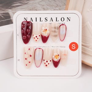 Lily Floral Medium Oval French Press On Nails, Reusable Glossy Polka Dot Nails, Premium Handmade Nails, Fake Faux Burgundy Summer Nails
