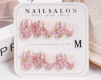 Handmade Pink Flowers Short Oval Press On Nails, Summer Reusable Glitter French Nails, Premium Nails, Fake Faux Nails, Floral Summer Nails