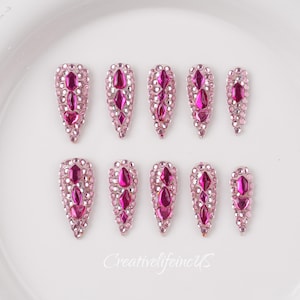 Hot Pink Full Rhinestone Press On Nails - Long Stiletto: Luxury Sparkling Nails
