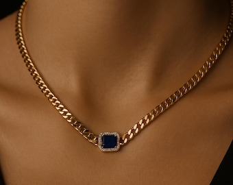 Gold Plated Blue Sapphire Chain Necklace – Minimalist Luxury Necklace