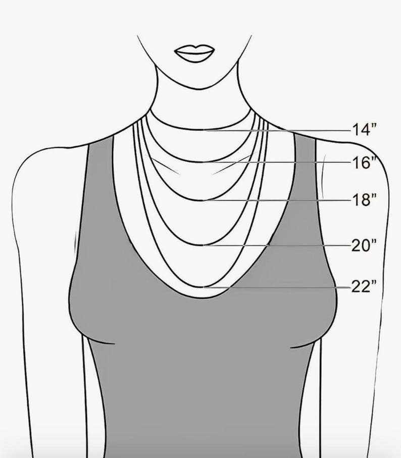 May include: Illustration of a person wearing a tank top with a necklace length guide. The guide shows necklace lengths of 35.5 cm, 40.6 cm, 45.7 cm, 50.8 cm, and 55.9 cm to help determine the best necklace length.