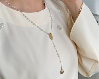 Gold Plated Ayatul Kursi Necklace: White Bead Islamic Jewelry, 22 inch