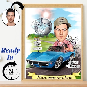 Funny Man Caricature from Photo | Driver Cartoon Portrait | Custom Digital Artwork | Unique Sports car Gift for Him | Wall Art Download