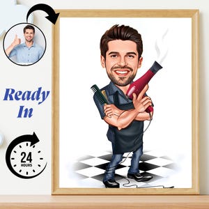 Custom Barber Cartoon Portrait from Photo | Personalized Hair Stylist Caricature | Unique Digital Wall Art | Gift for Hairdresser Boss