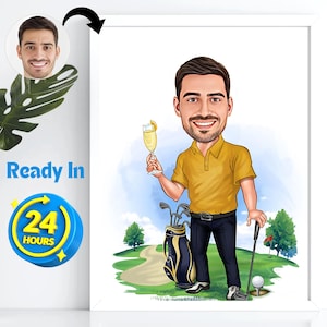 Personalized Golfer Cartoon Portrait, Custom Golfer Caricature Drawing from Photo, Funny Golfer Caricature, Gift for Golfer