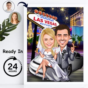 Personalice la caricatura de Las Vegas de pareja a partir de una foto Regalos para parejas de bodas Arte de caricatura Retrato Arte de pared Regalo para pareja Regalos personalizados Arte