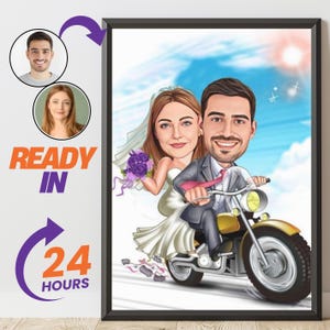 Wedding Couple Caricature From Photo Biker Couple Wedding Cartoon Digital Wall Art Gift For Couple Anniversary Drawing Portrait
