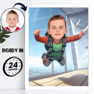 Custom Skydiver Kid Cartoon Portrait | Skydiver Caricature Kid Wall Art Portrait Gifts | Digital Gift for Kids Birthday | Paragliding Lover