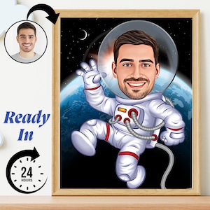 Caricatura de astronauta personalizada a partir de una foto / Retrato divertido de dibujos animados espaciales / Arte mural digital personalizado / Regalo único para amantes del espacio