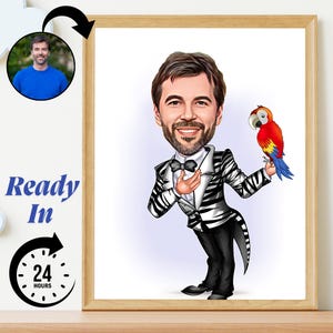 Custom Stage Performer Caricature from Photo | Magician or Parrot Man Cartoon Portrait | Funny Digital Wall Art | Personalized Showman Gift