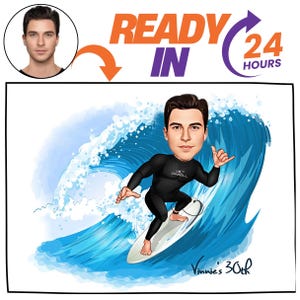 Custom Surfer Cartoon from Photo Personalized Surfer Caricature Funny Beach Man Portrait Digital Wall Art Surfing Birthday Gift for Him
