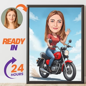 Female Biker Caricature from Photo | Personalized Motorcycle Lover Cartoon Portrait | Funny Digital Wall Art | Gift for Her birthday gift