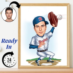 Custom Baseball Player Caricature from Photo | Baseball Player Cartoon Portrait | Funny Sports Digital Art | Gift for Him Digital Wall Art