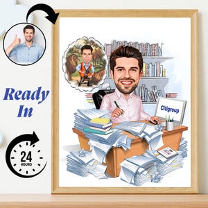 Custom Safari Park Manager Caricature from Photo – Personalized Boss Cartoon Portrait, Funny Wildlife Theme Digital Art, Unique Gift for him