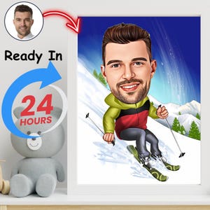 Mannelijke skiër karikatuur van foto sneeuw skiën minnaar muur kunst nieuwjaarscadeau voor hem gepersonaliseerde geschenken skiër digitale muur kunst portret