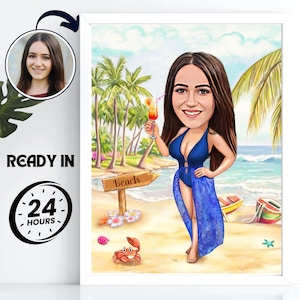 Benutzerdefinierte Strand Frau Karikatur vom Foto | Personalisierte Strandwandkunst | Einzigartiges Geburtstagsgeschenk für Sie | Digitales Cartoon-Porträt