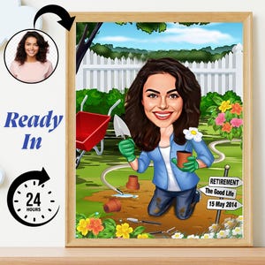 Caricatura personalizada de mulher aposentada que trabalha com jardinagem a partir de foto – Retrato de desenho animado personalizado de aposentado, arte digital engraçada de jardineiro para presentes de aposentadoria