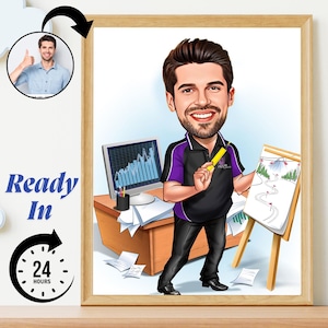 Karikatuur aangepaste verkoopmanager van foto | Gepersonaliseerd cartoonportret baas | Grappig cadeau werknemer | Digitale kantoorkunst voor teamleider