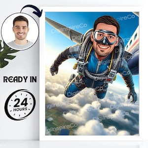 Dibujo animado de paracaidista personalizado a partir de una foto / Divertido retrato de paracaidista para pared / Regalo de cumpleaños para él / Regalos personalizados / Caricatura digital