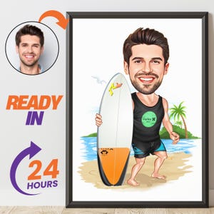 Caricature de surfeur personnalisée à partir de la photo | Caricature sur les vagues de l&#39;océan | Surf, art mural numérique, dessin animé personnalisé de planche de surf | Cadeau d&#39;art mural de plage |