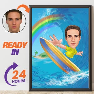 Custom Surfer Cartoon Portrait - Personalized Surfer Caricature | Surfing Lover Funny Cartoon from Photo Beach Theme Wall Art