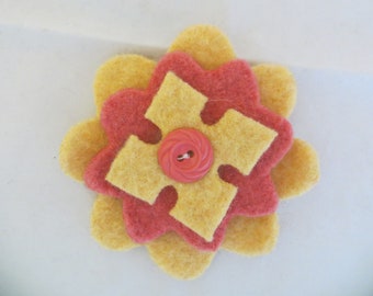 Felted Wool Flower Pin in Coral and Yellow