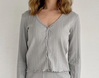 Gray Cotton Pajama Set – Women's Long Sleeve Cardigan Sleepwear