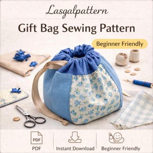 Drawstring Pouch Sewing Pattern PDF | Gift Bag Tutorial | Lined Square Bag | Beginner Friendly | Small Cosmetic Bag | Instant Download