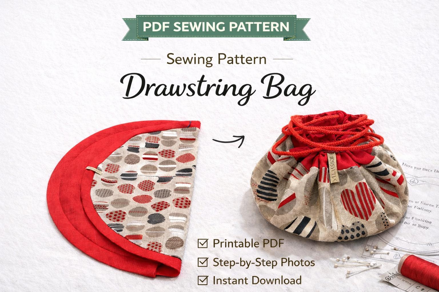 Sewing Pattern, Easy Pattern for Round Drawstring Makeup Bag ...