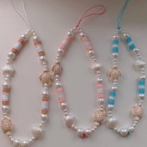Phone bead - telefoon koord - roze / blauw - schelp en schildpad