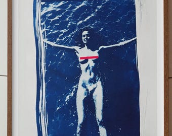 Cyanotype Art Print | Female Nude in Water, Prussian Blue Wall Art