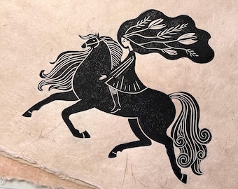 Handprinted Linocut Fire Horse 2026 Ride with Grace Folk Art Print on Handmade Paper
