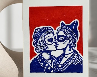Handprinted Linocut: Queer Women Kissing Art - FLINTA LGBTQIA+ Pride